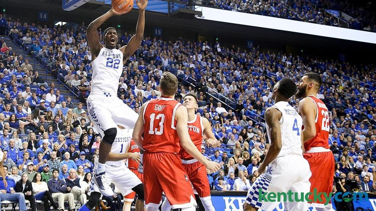 Alex Poythress, left, slammed down two of his 14 points as No. 1 Kentucky defeated Boston University 82-62 on Tuesday.