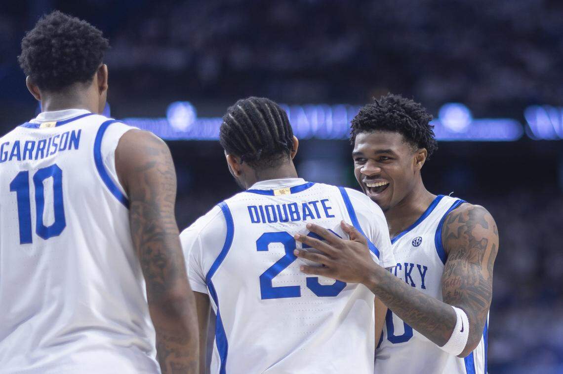 Kentucky guard Otega Oweh jokes with teammate Mouhamed Dioubate during a game against the Vanderbilt Commodores at Rupp Arena in Lexington, Ky., on Saturday, Feb. 28, 2026.