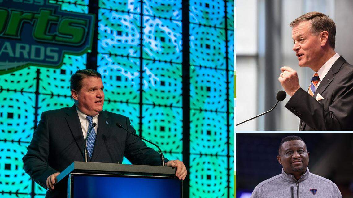 If the University of Kentucky is looking for candidates with ties to its athletic department to replace retiring athletic director Mitch Barnhart, among those it could pursue are current UK deputy athletic director Marc Hill (left), Florida athletic director Scott Stricklin (top right) and DePaul AD DeWayne Peevy (bottom right).