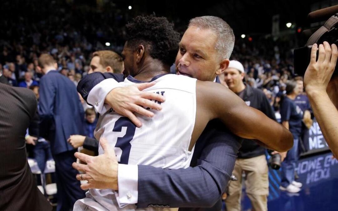 Butler head coach Chris Holtmann hugs guard Kamar Baldwin (3) following a 66-58 win over Villanova in an NCAA college basketball game in Indianapolis, Wednesday, Jan. 4, 2017.