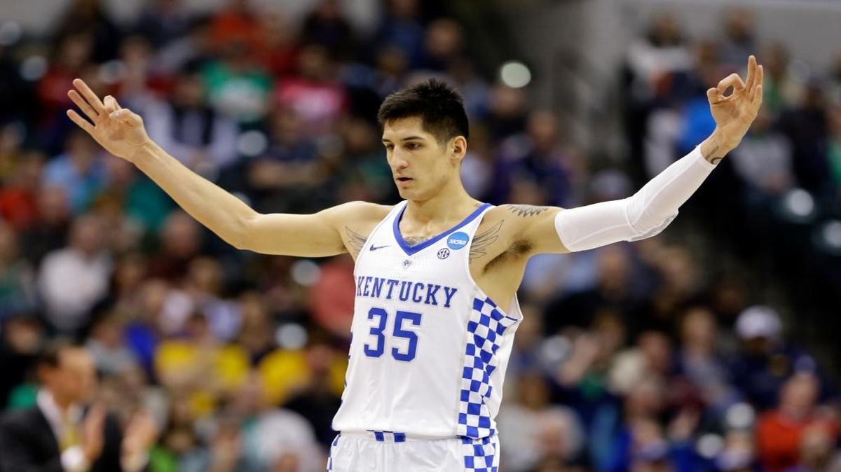 Kentucky forward Derek Willis (35) celebrates a three-point basket against Northern Kentucky during the first half of a first-round game in the men's NCAA college basketball tournament in Indianapolis, Friday, March 17, 2017.