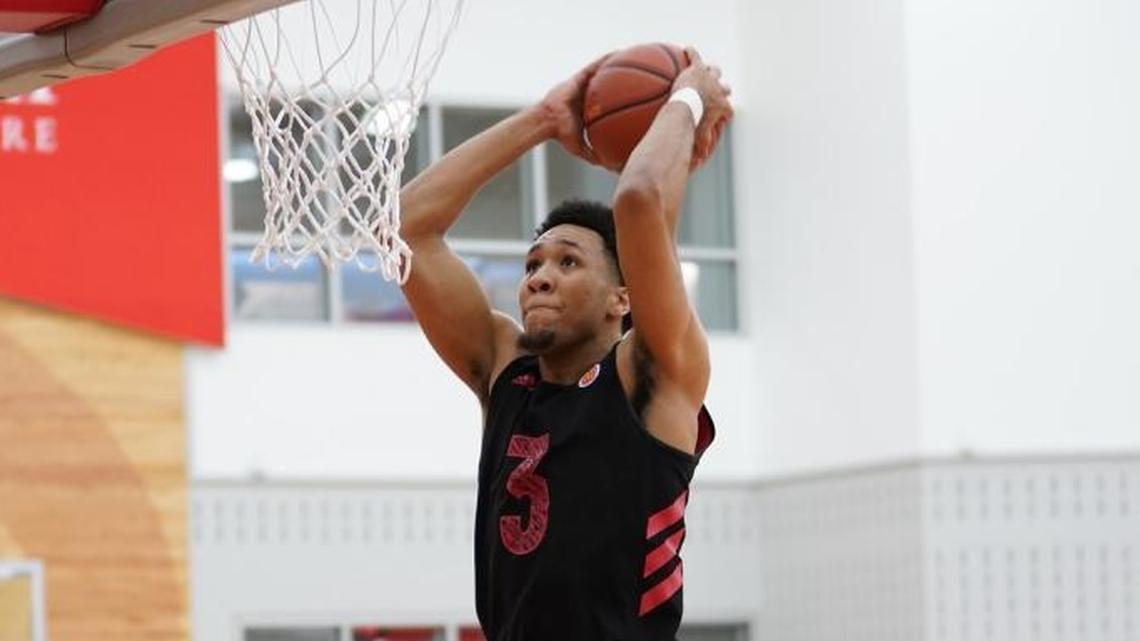 E.J. Montgomery goes up for a dunk during McDonald’s All-American practice Monday.