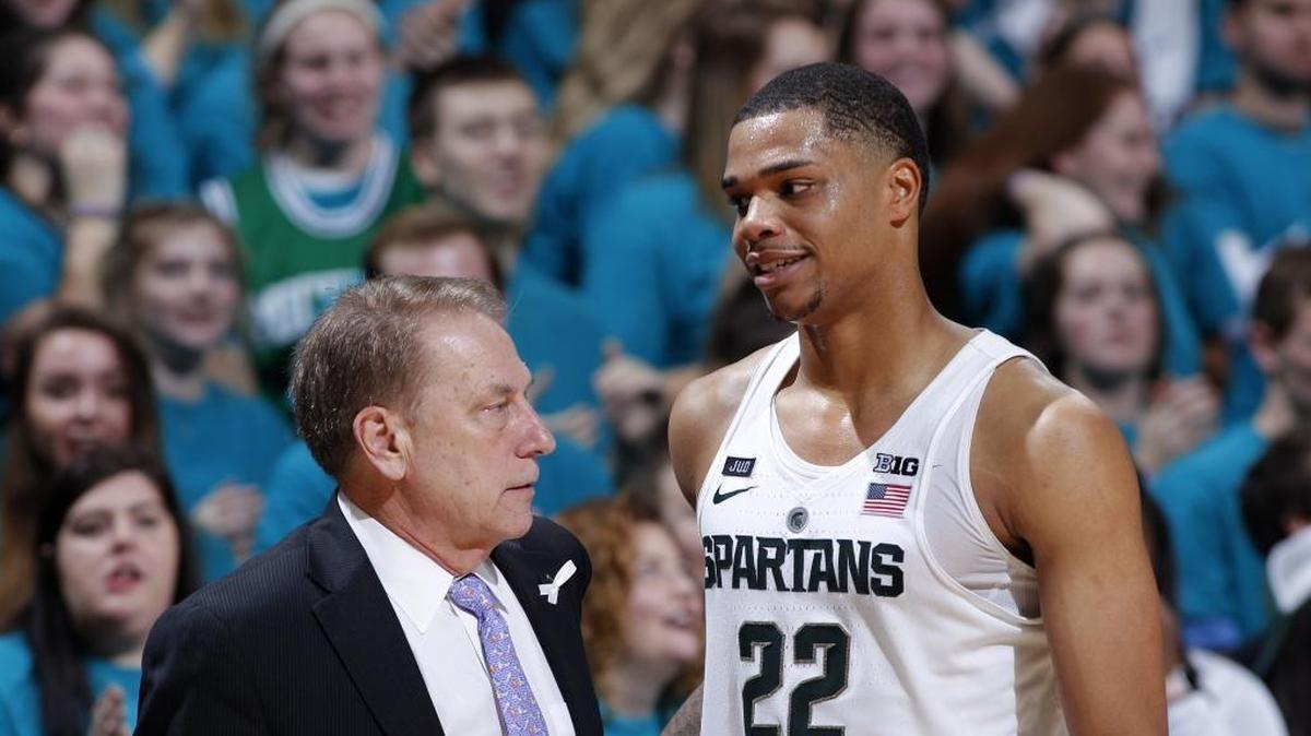 Michigan State coach Tom Izzo, left, and Miles Bridges talk during the second half of a game last month.