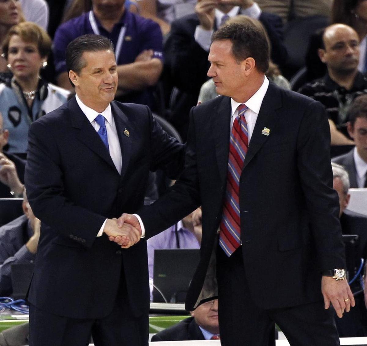Kentucky’s John Calipari, left, and Kansas’ Bill Self preside over the two winningest programs in men’s NCAA Division I college basketball history.