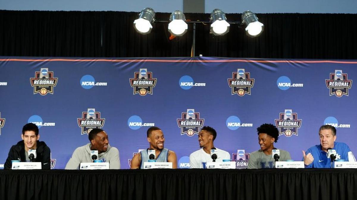 Kentucky Wildcats L-R: Derek Willis, Edrice "Bam" Adebayo, Malik Monk, De'Aaron Fox, Head Coach John Calipari during an afternoon press conference held at FedExForum in Memphis, Tn., Saturday, March 25, 2017. UK plays North Carolina Sunday for the NCAA South Region championship.
