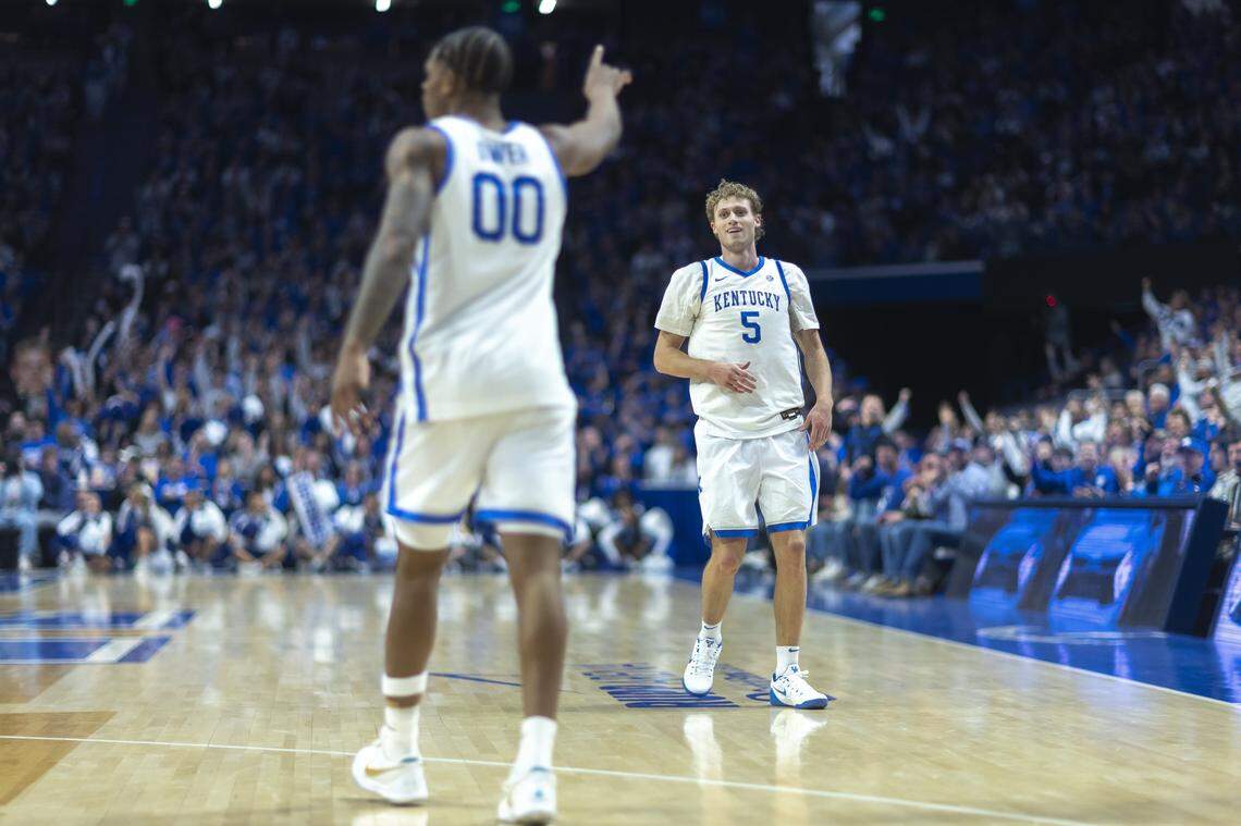 Kentucky Wildcats guard Collin Chandler (5) reacts after scoring a 3-point basket during a game at Rupp Arena on Wednesday.