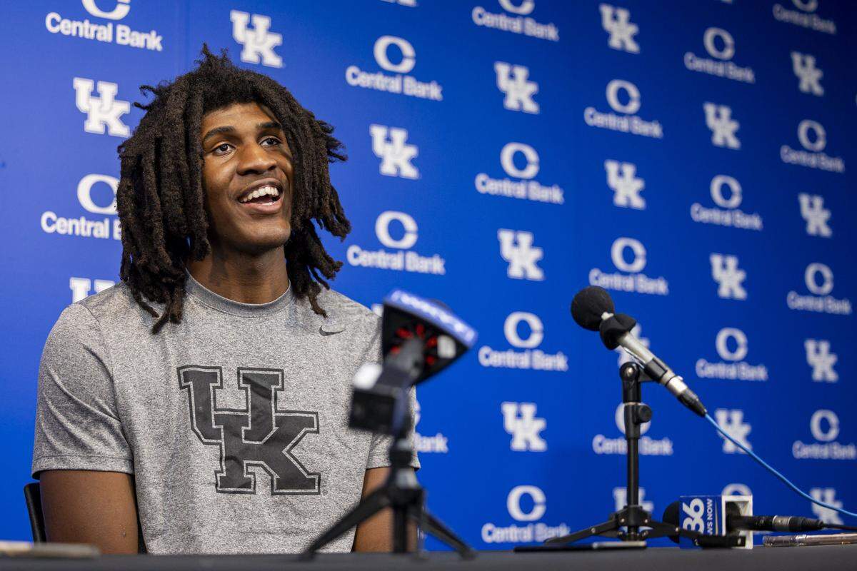 Jayden Quaintance talks to reporters in July, a few weeks after arriving on UK’s campus in preparation for the 2025-26 season. Quaintance is recovering from an ACL tear last season at Arizona State. 