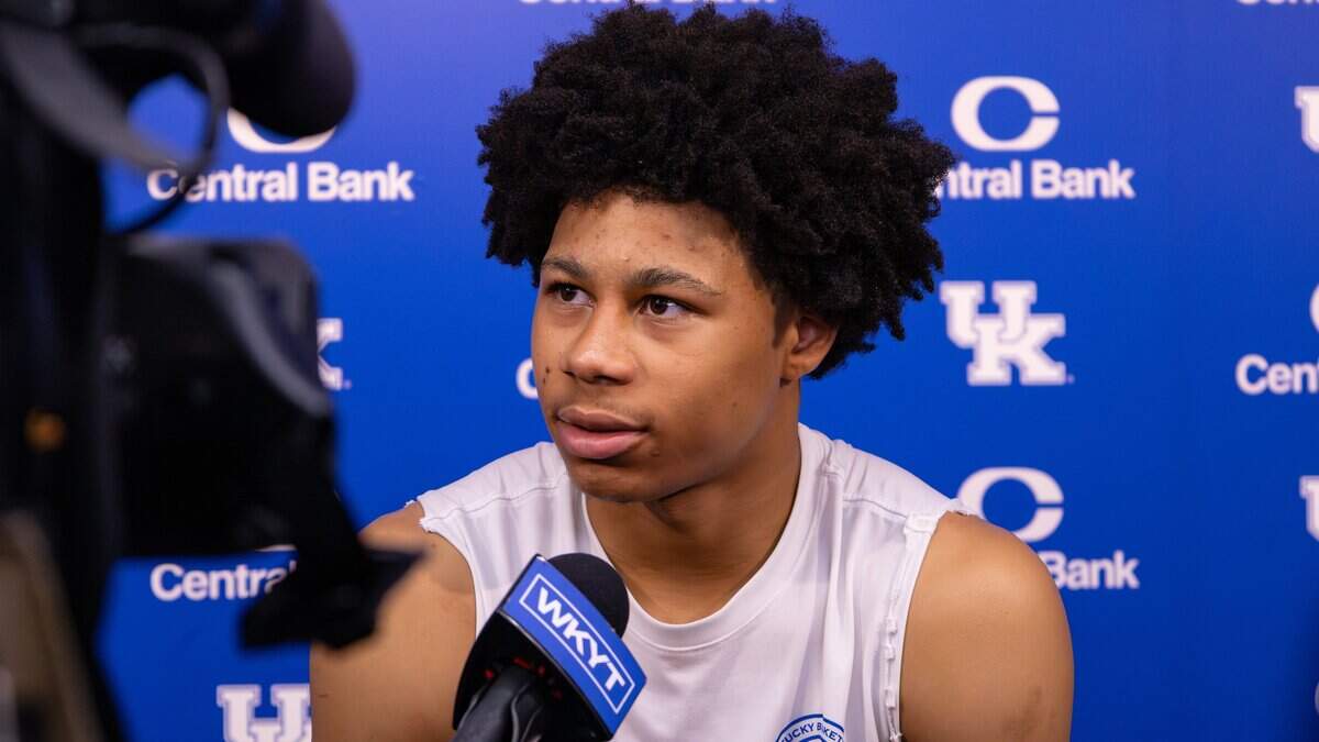 Kentucky guard Mason Williams, son of NBA veteran and Kentucky assistant Mo Williams, talks with reporters at the Memorial Coliseum media room June 18, 2026, in Lexington.