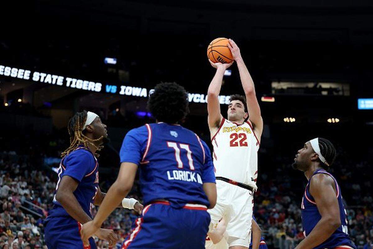 Iowa State junior forward Milan Momcilovic takes a shot against Tennessee State during the first half of a first-round game in the 2026 NCAA Men's Basketball Tournament on March 20, 2026, at the Enterprise Center in St Louis, Missouri.