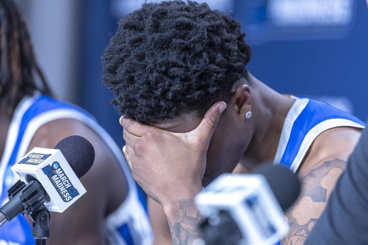Kentucky guard Otega Oweh listens during a press conference following a loss to Iowa State in the second round of the NCAA Tournament at Enterprise Center in St. Louis on Sunday. Oweh played his final game at Kentucky in the loss. 