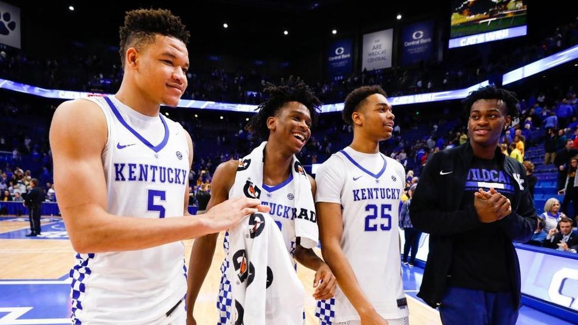 Kentucky’s Kevin Knox (5), Shai Gilgeous-Alexander (22), PJ Washington (25) and Jarred Vanderbilt (2) celebrated an early season exhibition win over Centre. Knox and Gilgeous-Alexander received recognition as All-SEC players by league coaches on Tuesday.