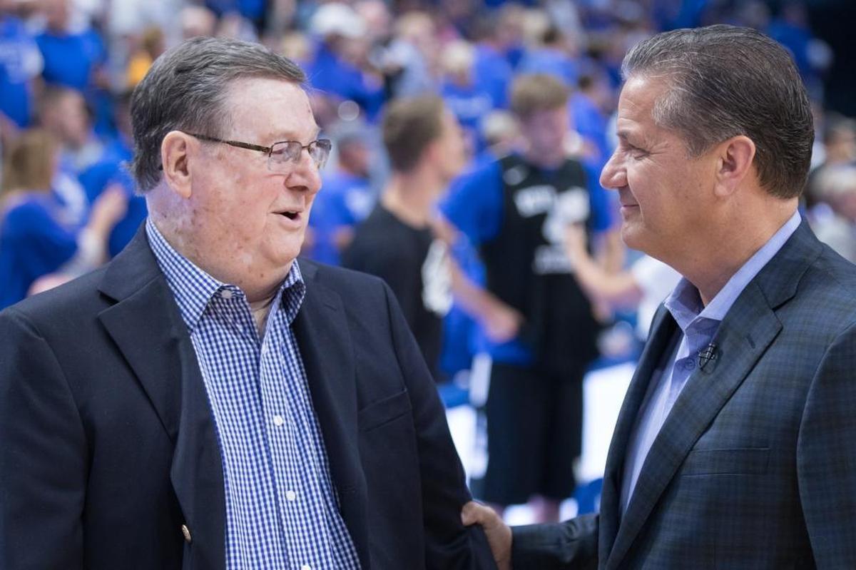 Joe B. Hall and John Calipari before the UK alumni charity basketball game in Rupp Arena in August of this year.