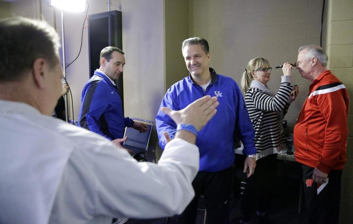 Michigan State’s Tom Izzo, Duke’s Mike Krzyzewski, Kentucky’s John Calipari and Wisconsin’s Bo Ryan got ready for a CBS Sports interview before the Final Four in Indianapolis in 2015.