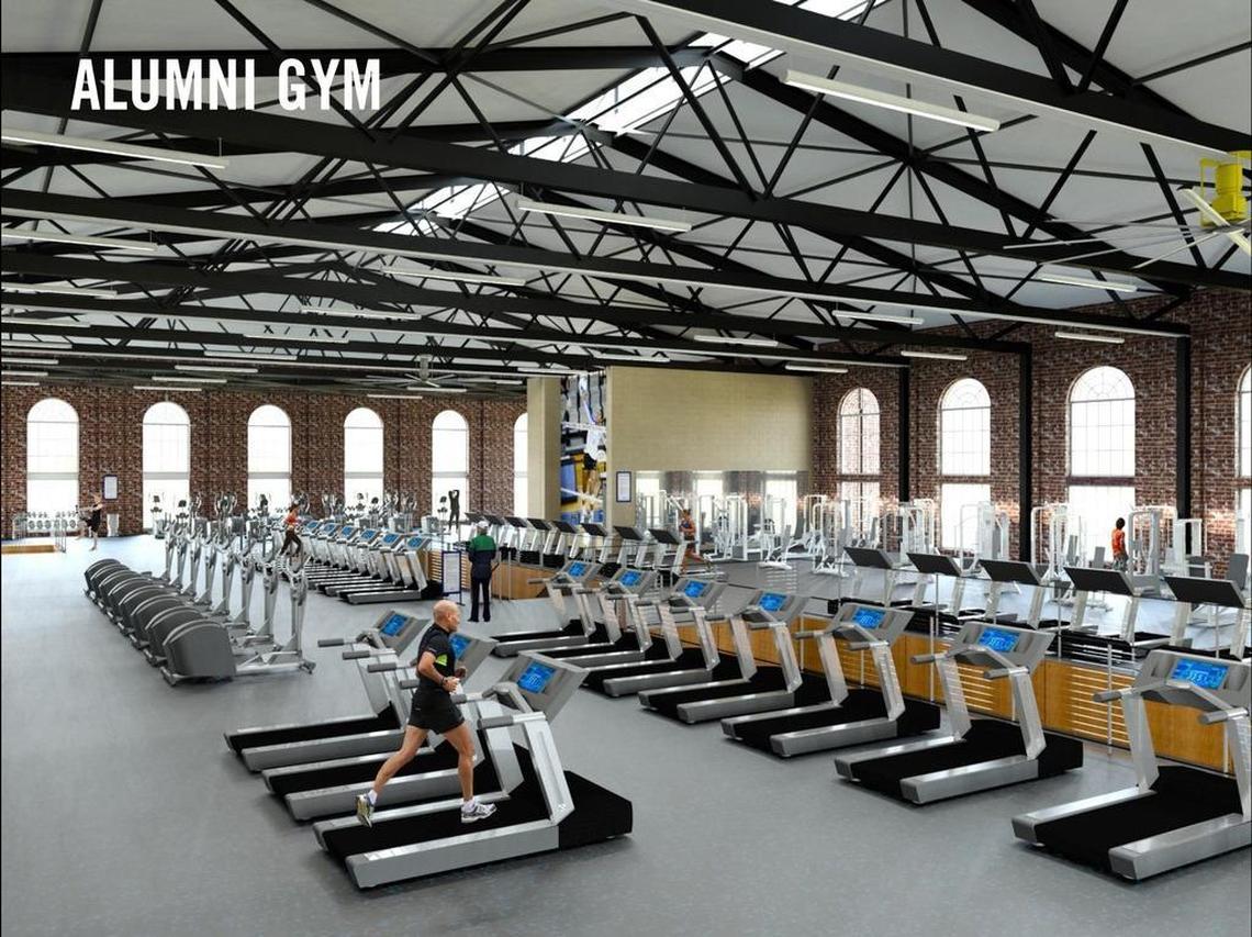 The second floor fitness center of Alumni Gym, shown in this rendering, will sit in the space once occupied by the original basketball court. The metal trusses are original to the building but were covered by paneling during its basketball days.