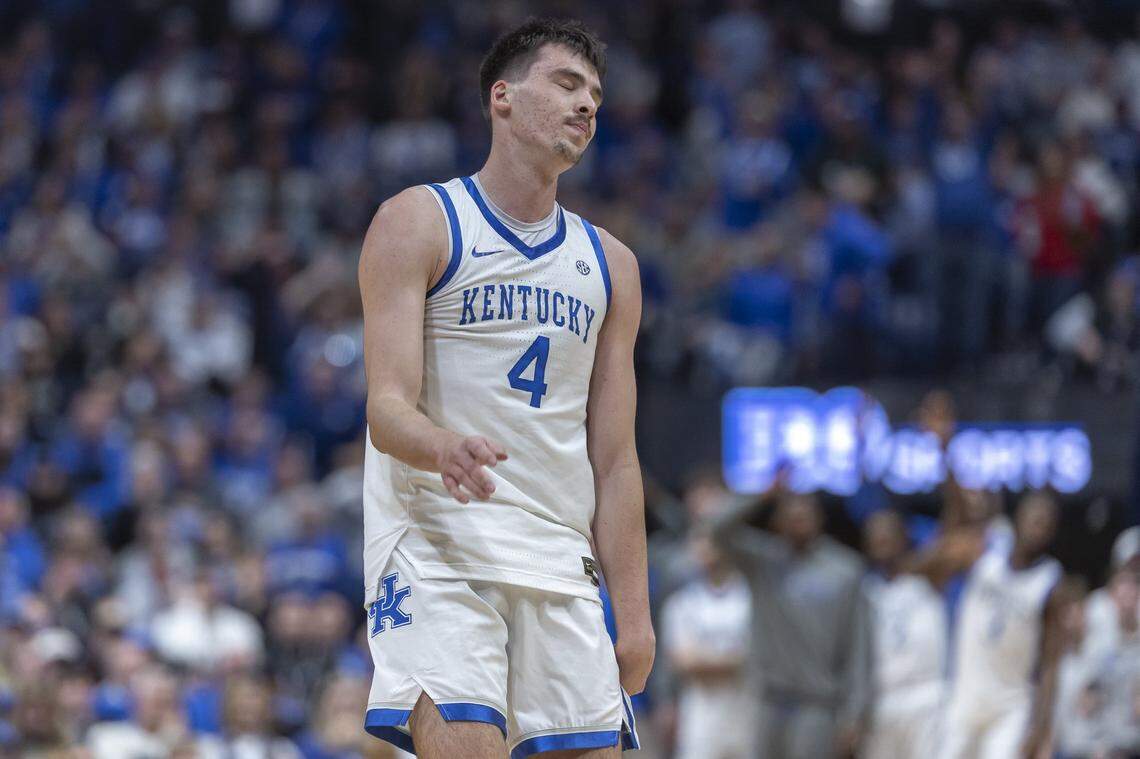 Kentucky Wildcats forward Andrija Jelavic (4) reacts after missing a basket during a game at Bridgestone Arena in Nashville, Tenn., on Friday.