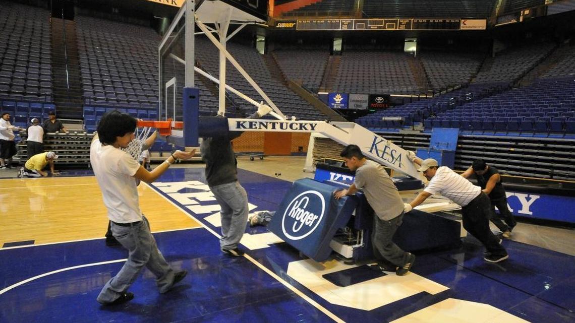 One of the old Rupp Arena basketball goals was moved backed into position on the floor as crew members prepared the arena for a game in 2013. Bigger than a car, the Lexington Center found out there was not much demand for Rupp’s old goals at auction, but it did find a buyer who purchased the set of three (two main, one backup) for $6,100.