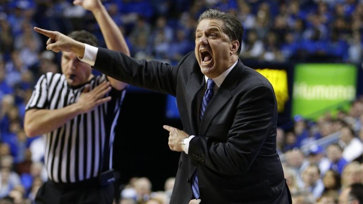 Kentucky Wildcats head coach John Calipari shouted instructions to his big men as #5 Kentucky defeated Arizona State 72-58 on Saturday December 11, 2015 in Lexington, Ky.