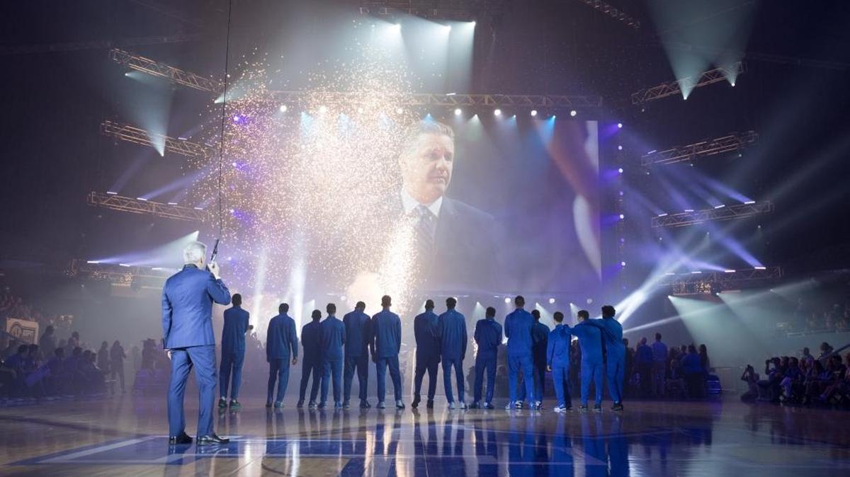 Coach John Calipari took the stage after the team was introduced at the University of Kentucky's Big Blue Madness in Rupp Arena last year.