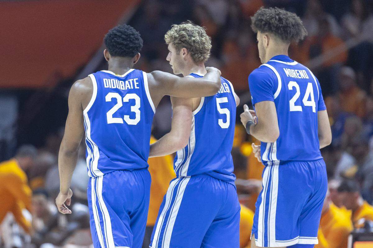 Kentucky players Mouhamed Dioubate, left, Collin Chandler, center, and Malachi Moreno have been part of Mark Pope’s finishing five over the past three UK wins.