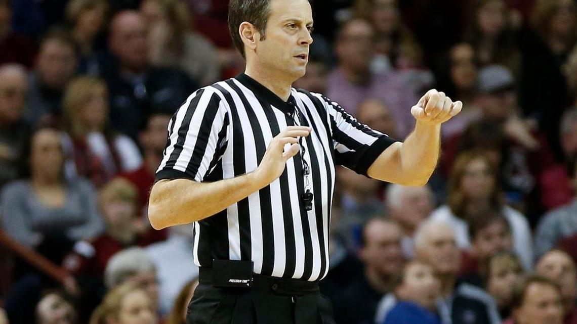 Referee Doug Sirmons watched the action during the second half of Kentucky’s game against South Carolina on Feb. 13 in Columbia, S.C. Sirmons ejected UK Coach John Calipari early in the first half.
