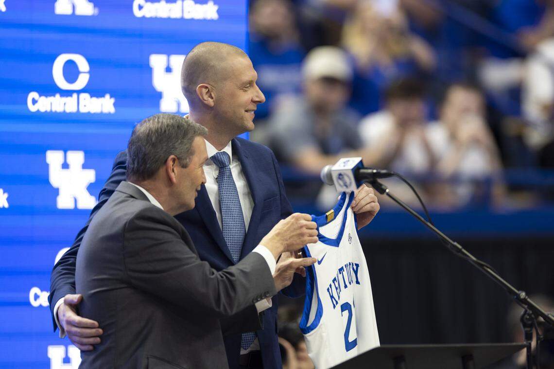 Kentucky athletics director Mitch Barnhart introduces Mark Pope as the new head coach of Kentucky basketball at Rupp Arena on April 14, 2024.