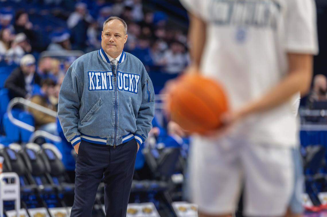 Kentucky men’s basketball assistant coach Mark Fox sports a UK denim jacket prior to the Wildcats’ game against Tennessee on Saturday, Feb. 7, 2026, at Rupp Arena.
