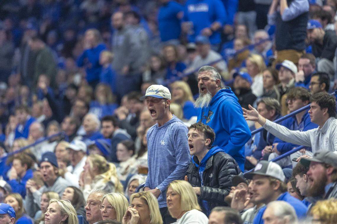 Kentucky fans react to an official’s call during a game against OIe Miss on Saturday. Despite the threat of a severe winter storm, UK announced a crowd of &nbsp;19,831. 