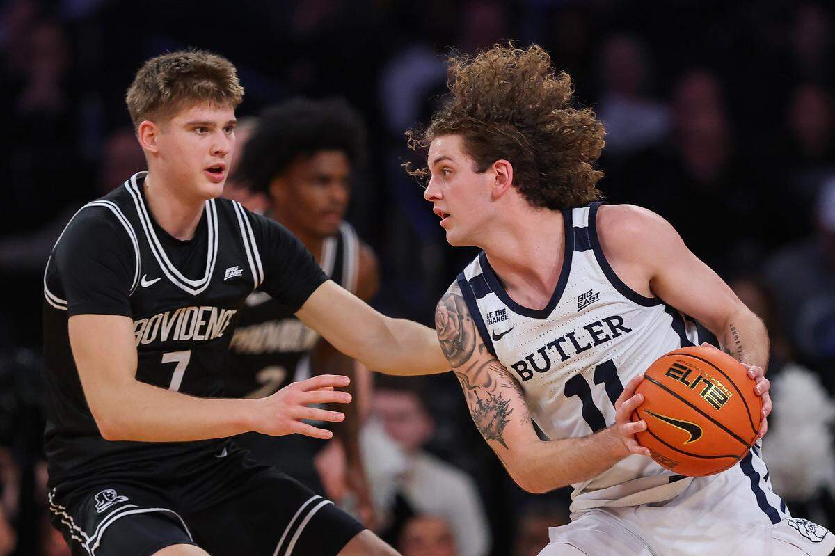 Butler guard Finley Bizjack, right, is a former Kentucky basketball target from the NCAA transfer portal this offseason. On Monday, Bizjack committed to West Virginia. 