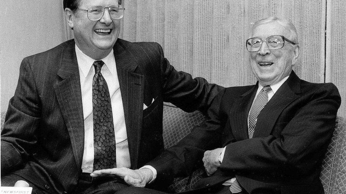 Former Kentucky Coach Joe B. Hall, left, met with John Wooden, the man he coached against in the 1975 NCAA championship game, when the legendary former UCLA coach visited Lexington in 1991.