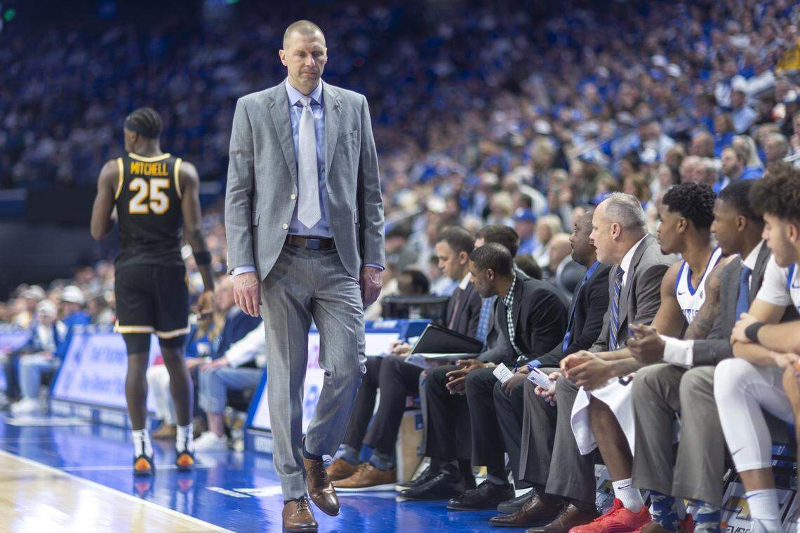 Kentucky Wildcats head coach Mark Pope reacts during a game against the Missouri Tigers at Rupp Arena on Wednesday.