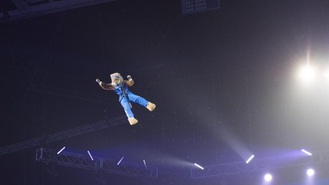 Kentucky’s Wildcat mascot soared above the Rupp Arena floor during last year’s Big Blue Madness in Rupp Arena.