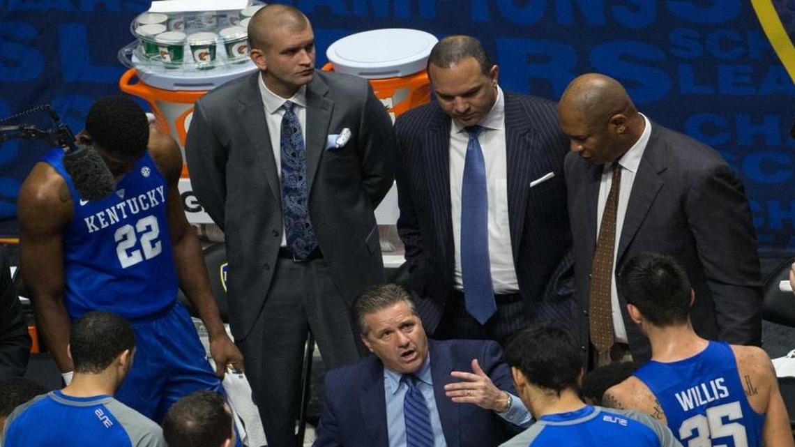 UK assistants Joel Justus, top left, Tony Barbee, center, and Kenny Payne, top right, are joining head coach John Calipari on the recruiting trail this week.