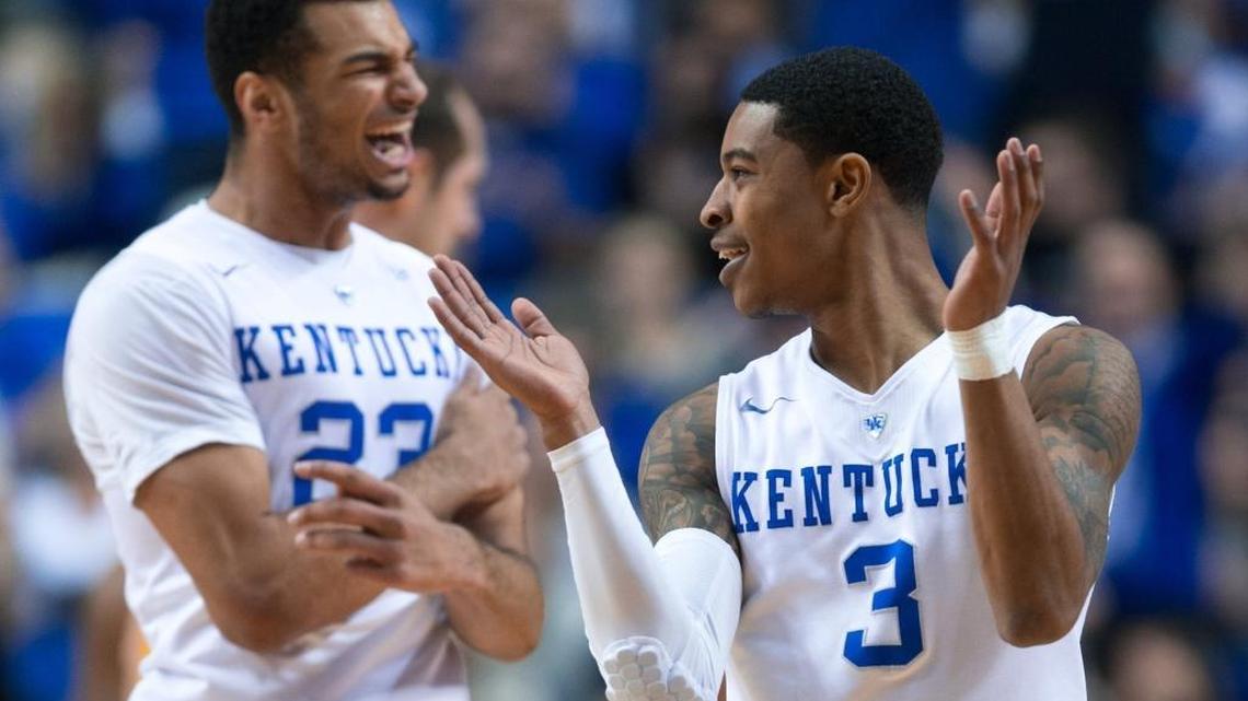 Kentucky guard Tyler Ulis, right, and guard Jamal Murray celebrated a big lead against Missouri in the first half on Jan. 27 in Rupp Arena in Lexington.