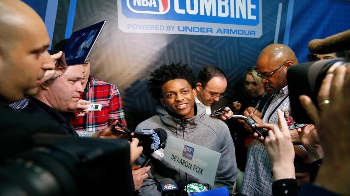 De’Aaron Fox, center, from Kentucky, listened to a question at the NBA Draft basketball combine on Friday, May 12 in Chicago.