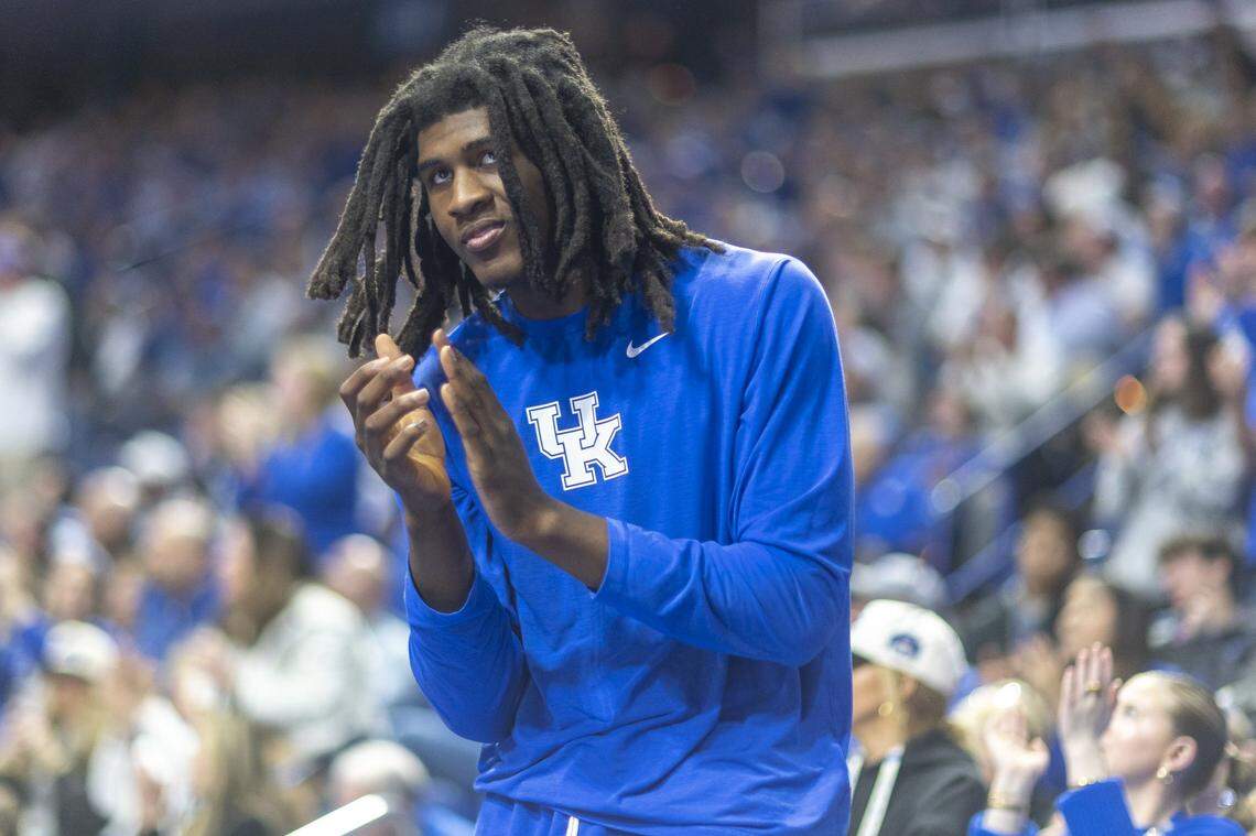 Kentucky basketball forward Jayden Quaintance cheers from the sideline during a game against Ole Miss at Rupp Arena in Lexington, Ky., on Saturday, Jan. 24, 2026.  