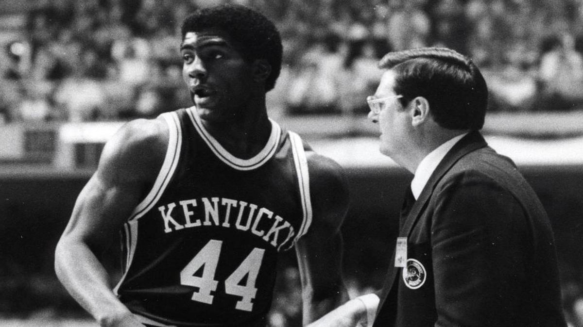 University of Kentucky basketball player Charles Hurt with Coach Joe. B. Hall during the 1990-91 basketball season.