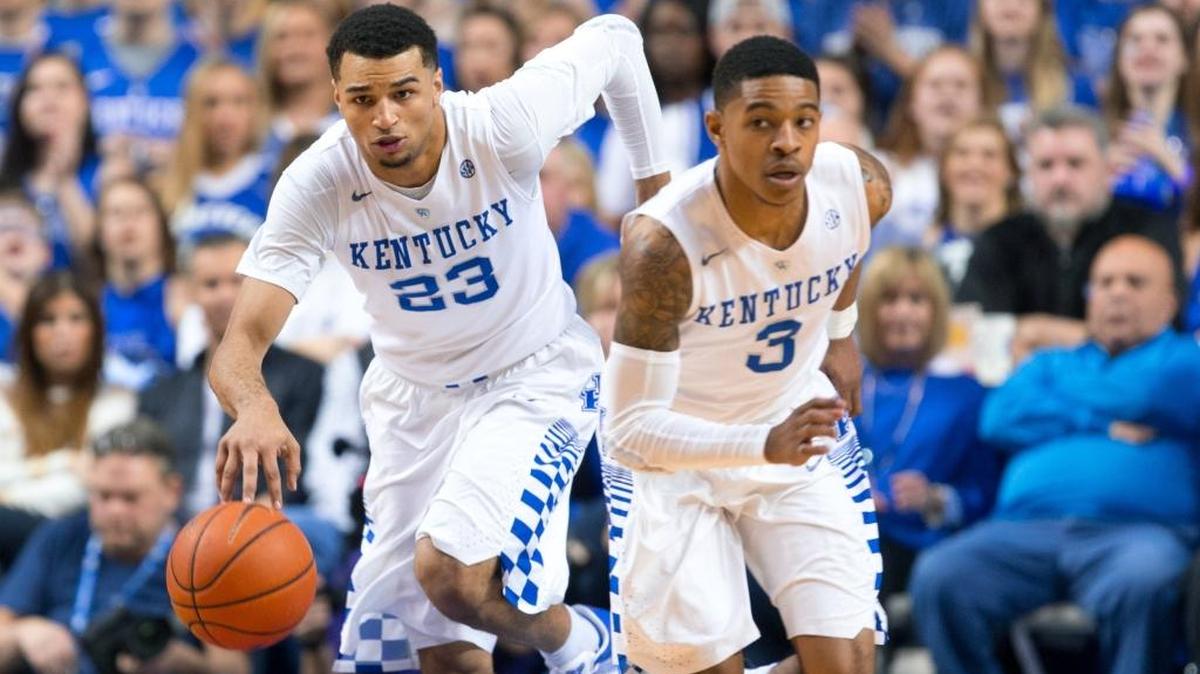 Kentucky guard Jamal Murray, left, leads a fast break with guard Tyler Ulis in the first half. The University of Kentucky hosted the LSU Tigers, Saturday, March 05, 2016 at Rupp Arena in Lexington.