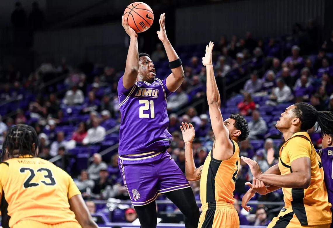 Justin McBride (21), a 6-foot-7, 240-pound forward, spent his junior season at James Madison after playing a year each at Oklahoma State and Nevada.