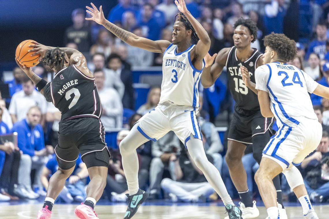 Kentucky Wildcats guard Kam Williams (3) defends Mississippi State Bulldogs guard Ja'borri McGhee (2) during a game at Rupp Arena in Lexington, Ky., on Saturday, Jan. 10, 2026.  