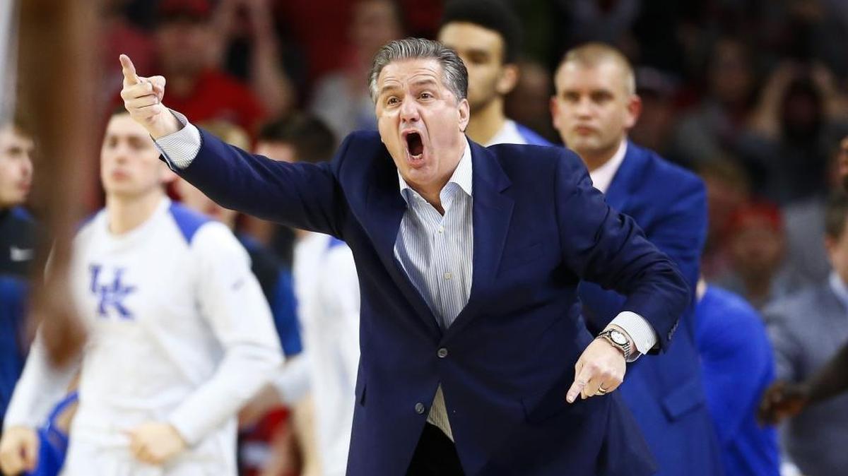 Kentucky Wildcats head coach John Calipari yelled down court out during the Cats’ game at Arkansas.
