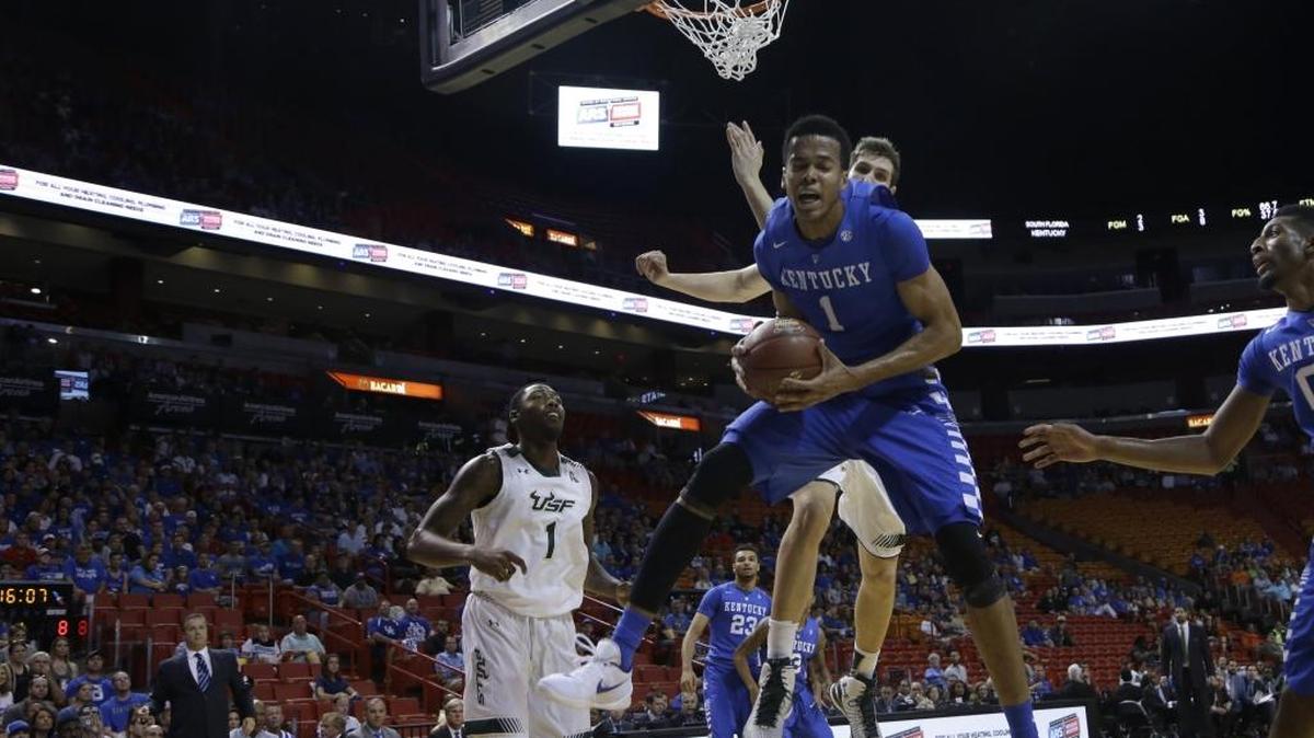Kentucky forward Skal Labissiere (1) grabs a rebound in the first half of the Hoophall Miami Invitational NCAA basketball tournament against South Florida , Friday, Nov. 27, 2015, in Miami.