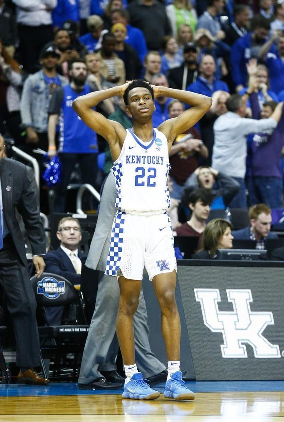 Kentucky freshman Shai Gilgeous-Alexander reacted after missing the final shot of the game in the Cats’ Sweet 16 loss to Kansas State.