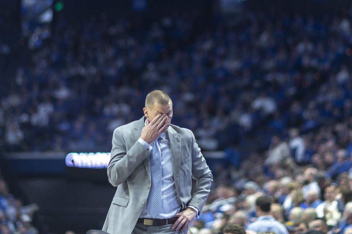 Kentucky head coach Mark Pope reacts during a game against the Eastern Illinois Panthers at Rupp Arena in Lexington, Ky., on Friday, Nov. 14, 2025.
