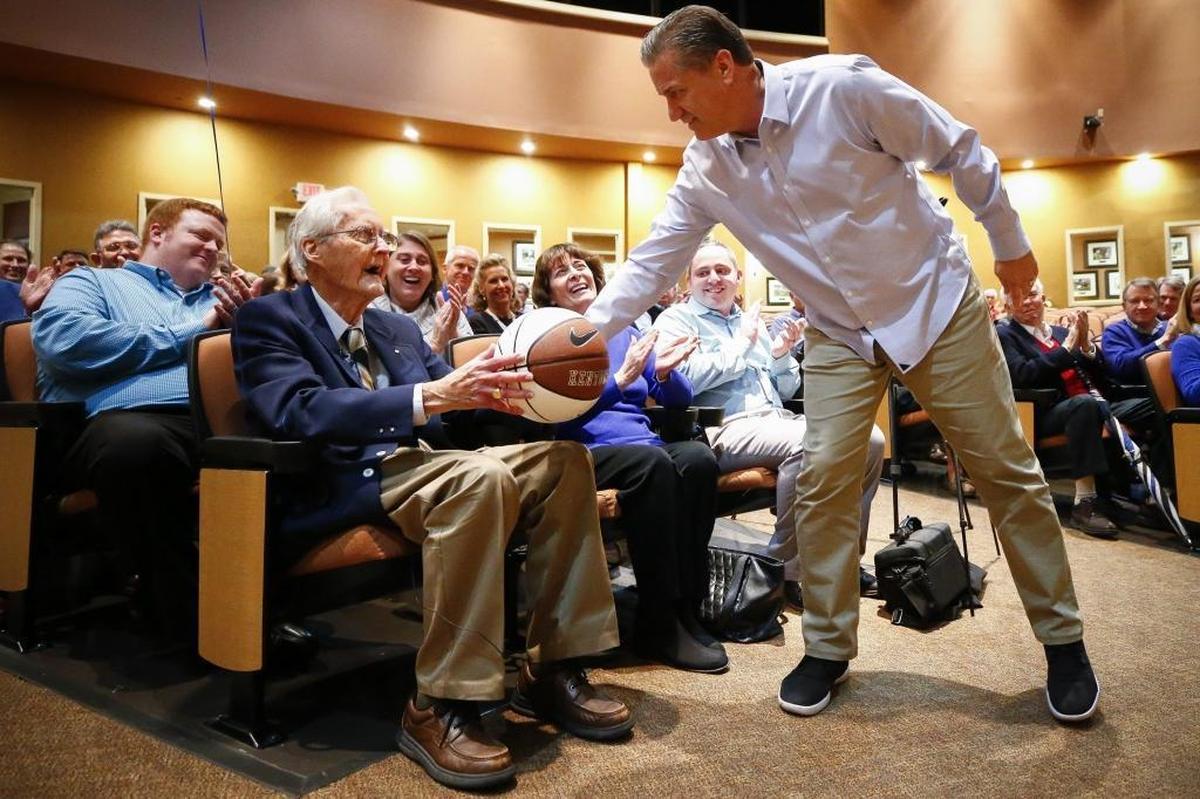 University of Kentucky head coach John Calipari presented Ty Warriner of Lexington with a signed basketball for his 100th birthday during the The Rotary Club of Lexington’s weekly meeting at Fasig-Tipton on Thursday. Warriner was also welcomed as an honorary member of The Rotary Club of Lexington during the meeting.