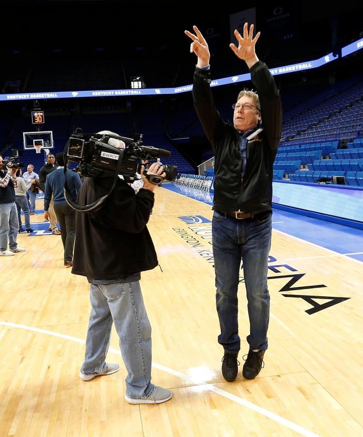 Former player Jay Shidler didn’t need a basketball to attempt a three-point shot during a media availability for the University of Kentucky’s 1978 national championship men’s basketball team in Rupp Arena on Thursday. Members of the team are getting back together for a reunion in Lexington this weekend, 40 years after winning the title.