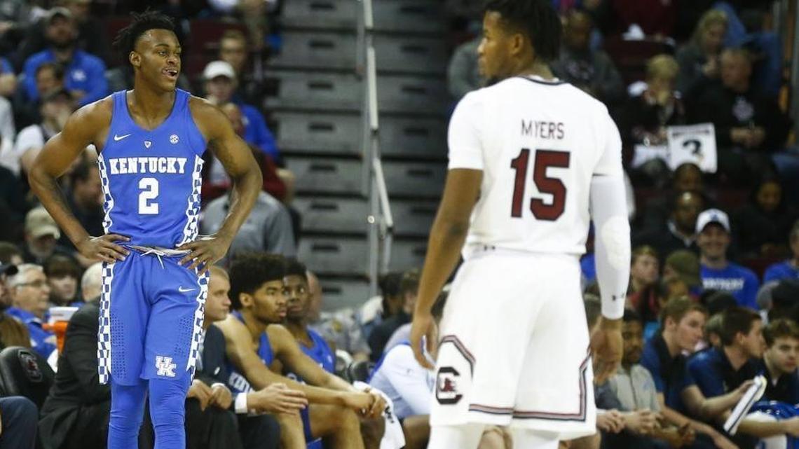 John Calipari said he didn’t see much spirited play during Kentucky’s loss at South Carolina on Tuesday night, but he liked what he saw from Jarred Vanderbilt (2). “He played hard,” the UK coach said. “He competed. . . . He was the only one.”