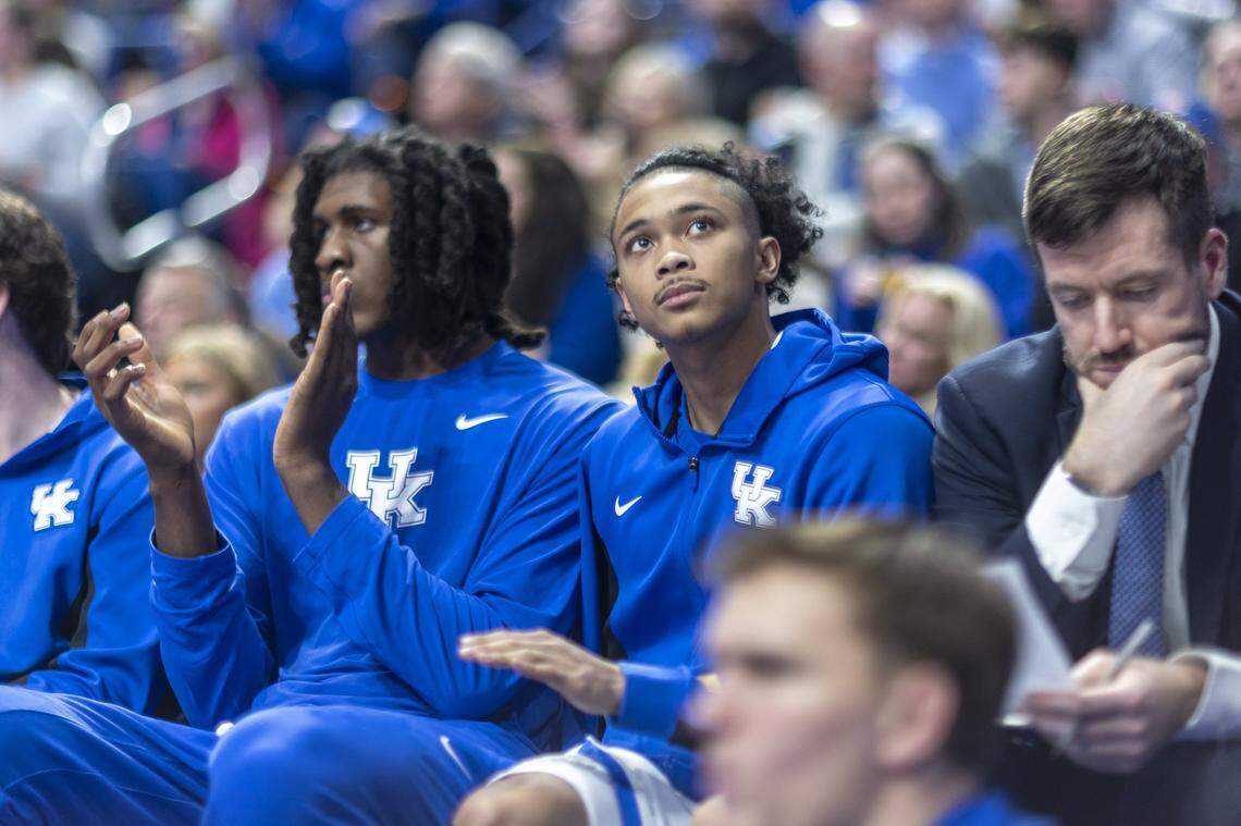 Kentucky guard Jaland Lowe, center, watches the Wildcats play against the Mississippi State Bulldogs at Rupp Arena on Jan. 10, 2026.