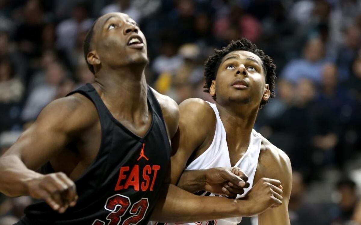UK signee Bam Adebayo, left, Duke signee Marques Bolden battled for a rebound at the Jordan Brand Classic in Brooklyn on April 15.