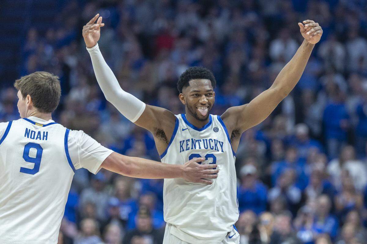 Kentucky forward Mouhamed Dioubate (23) reacts after scoring a basket during the Wildcats’ exhibtion win over No. 1 Purdue on Friday at Rupp Arena. 
