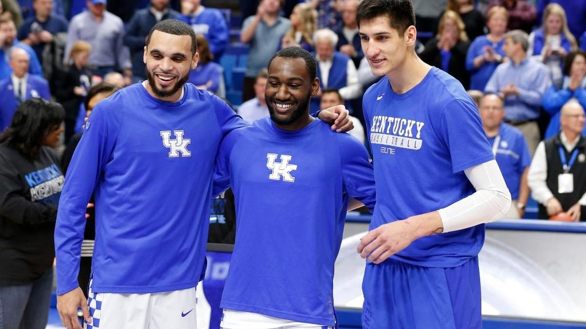 Seniors Mychal Mulder, left, Dominique Hawkins, center, and Derek Willis are among 75 UK athletes who will receive diplomas this weekend.